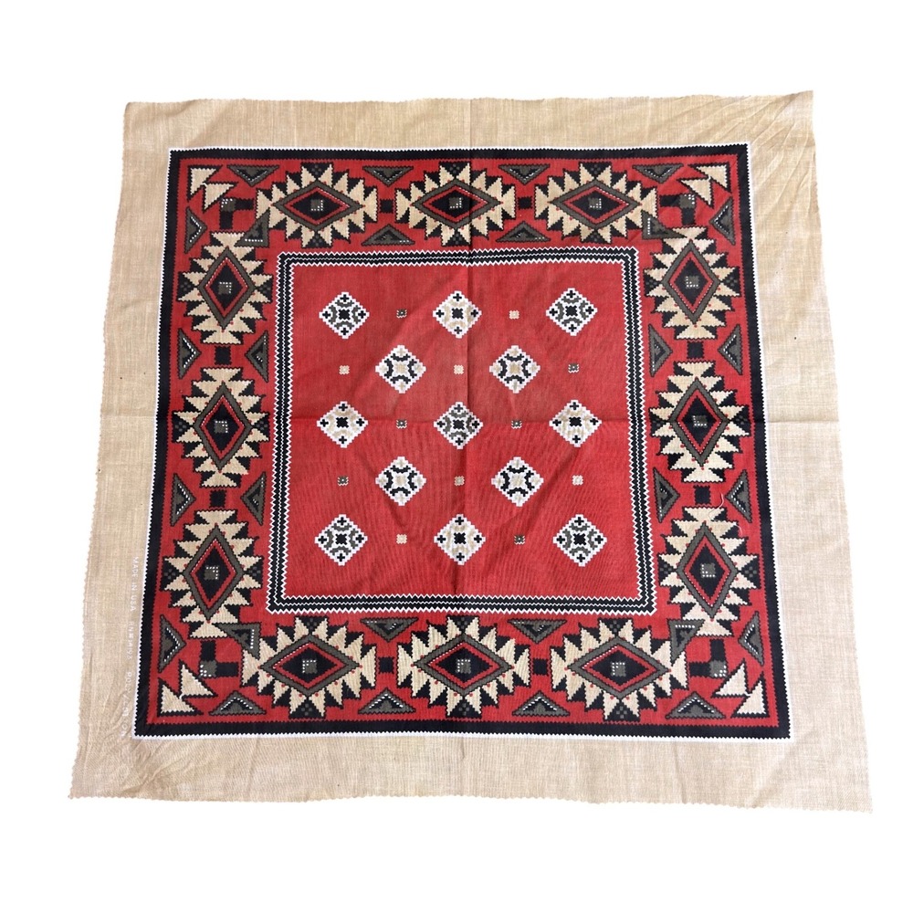 Vtg Aztec Bandana Made in USA Red Tan Geometric Tribal Southwestern RN 14193